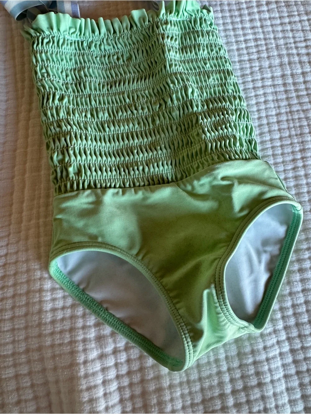 MinnowSmocked Green Girls One-Piece Swimsuit with Striped Tie Straps - Kids